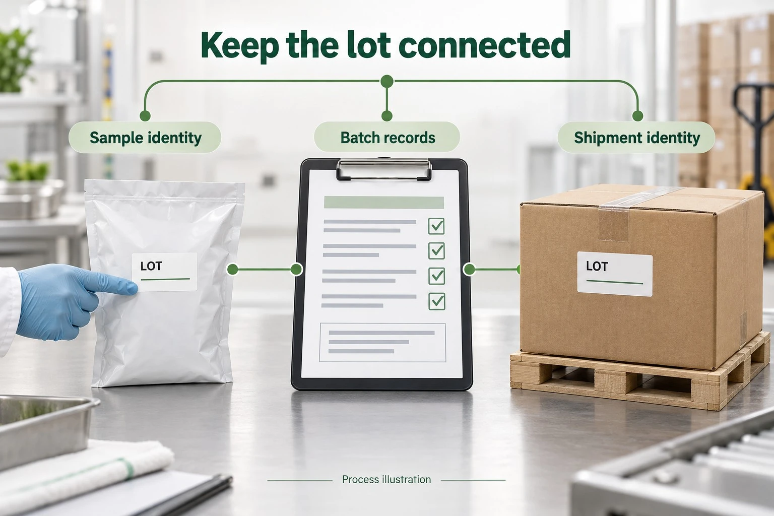 Illustrated links between lot labels, records and shipment cartons