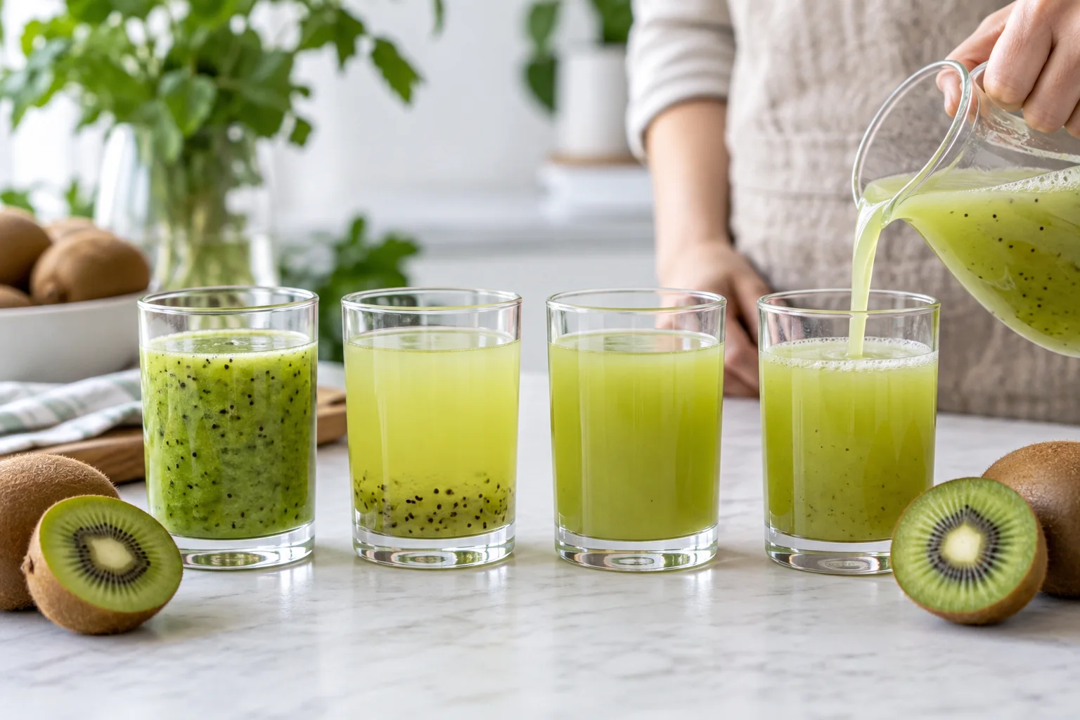 A beverage pilot-table sample review with several green kiwi beverages checked for settling, color and pour consistency, no branded facility or fabricated laboratory readings