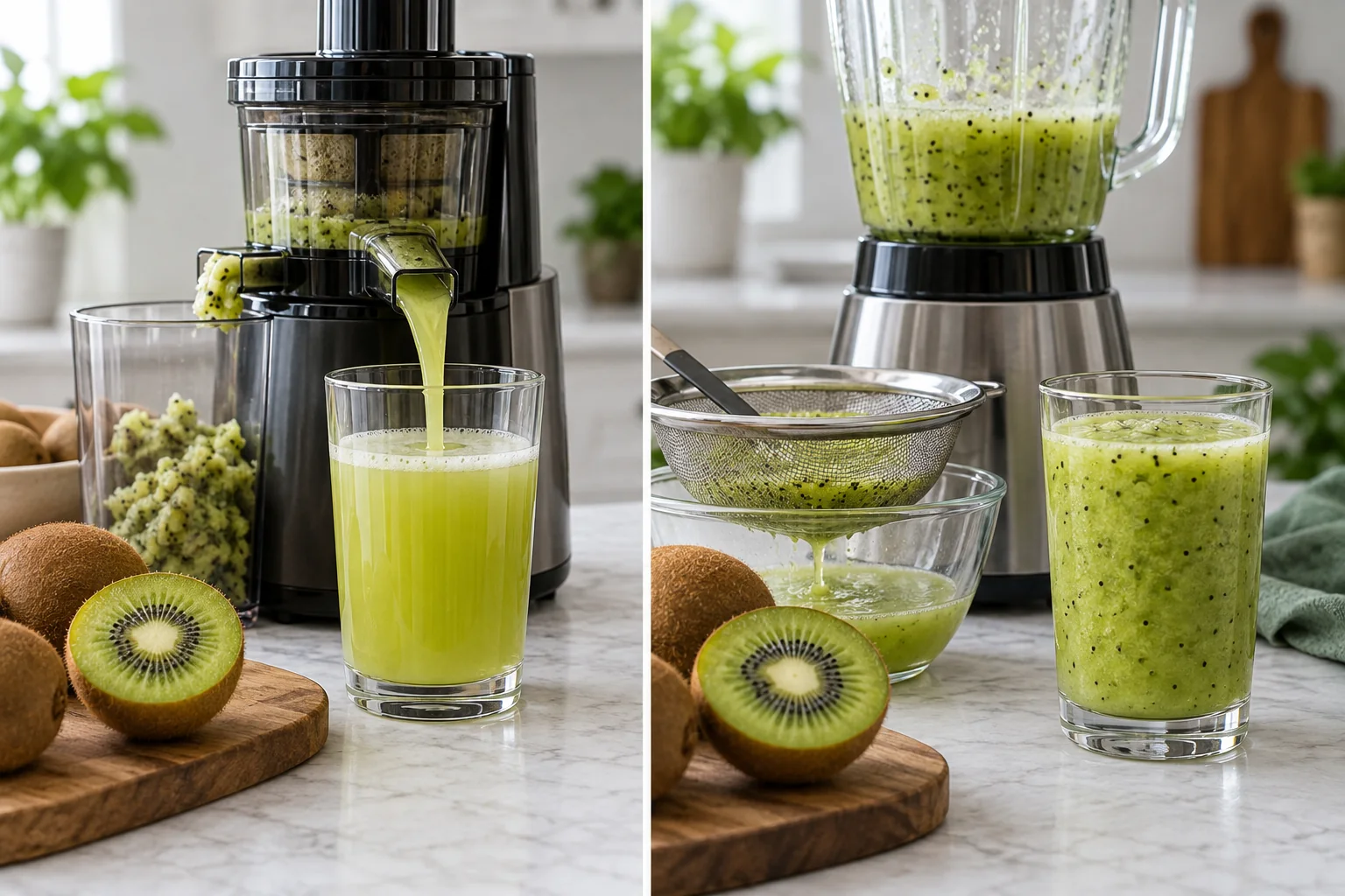 A split professional kitchen scene comparing kiwi passed through a slow juicer with kiwi blended then strained, showing a thinner clear-pulp drink and a thicker pulpy drink, no text