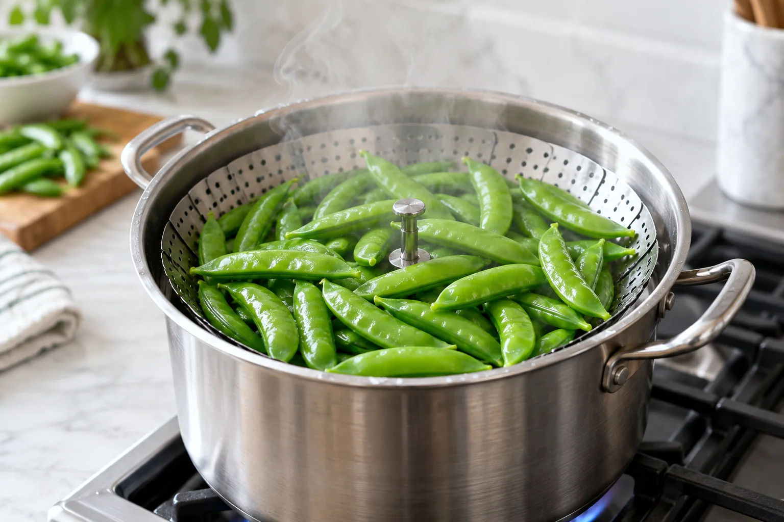 Fresh sugar snap peas in a perforated steamer basket above gently boiling water, vivid green and crisp, with a clean kitchen and visible steam but no text