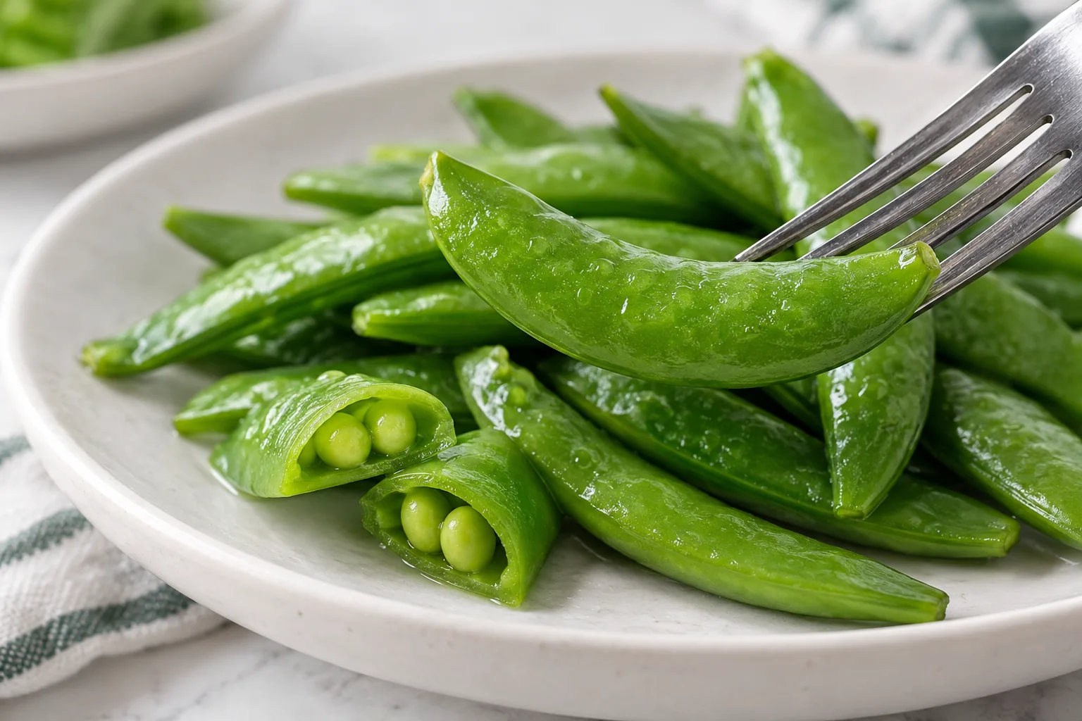 A doneness inspection close-up showing one steamed snap pea bending slightly, one cross-section with firm pod walls, and vivid green color under neutral light
