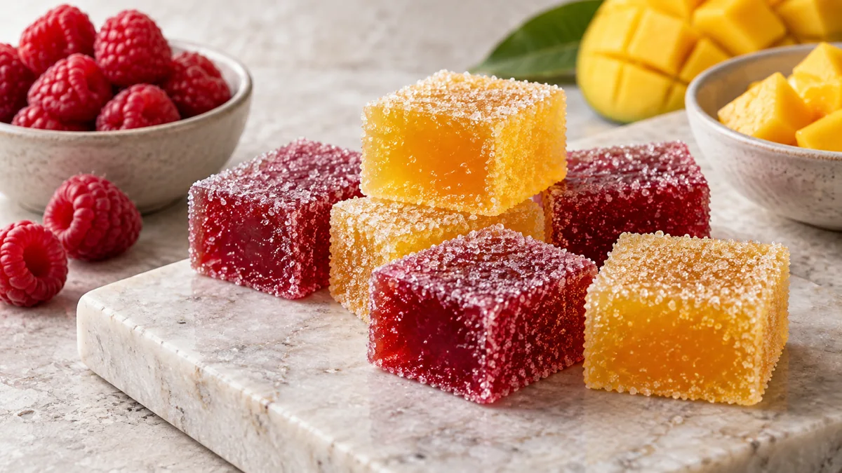 Red and golden sugar-coated pâte de fruit cubes with defined cut faces