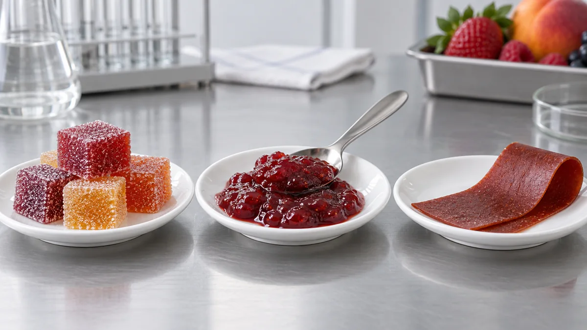 Cut fruit candy cubes compared with spreadable jam and a dried fruit sheet