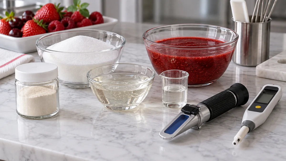Pectin sugar acid puree refractometer and pH meter staged for a trial