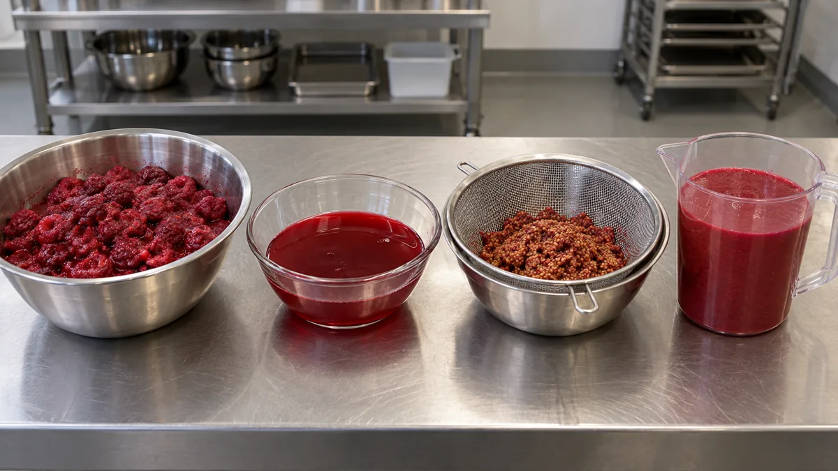 Thawed raspberries liquid screen residue and smooth puree in separate vessels